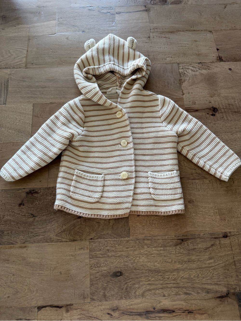 Gap Striped Knit Hooded Baby Cardigan - Cream & Tan neutral ears unisex 6-12 m